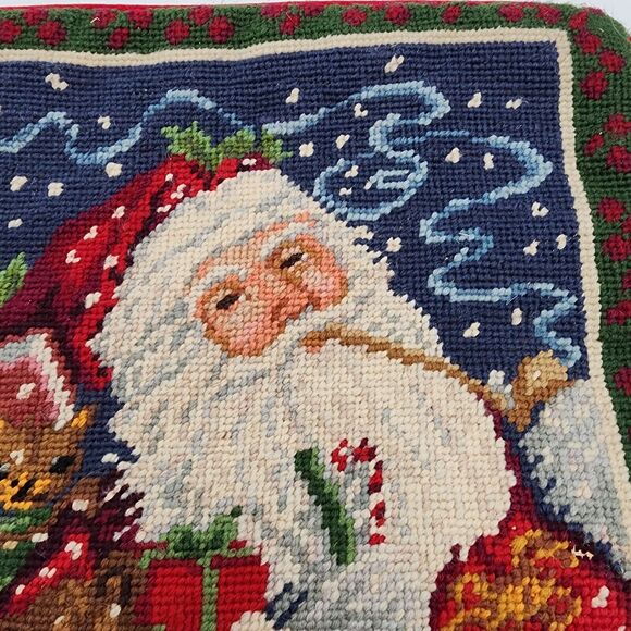 Vintage Needlepoint Christmas Pillow Cover Santa Holding Puppy Velvet Back 15x12 - Picture 3 of 10